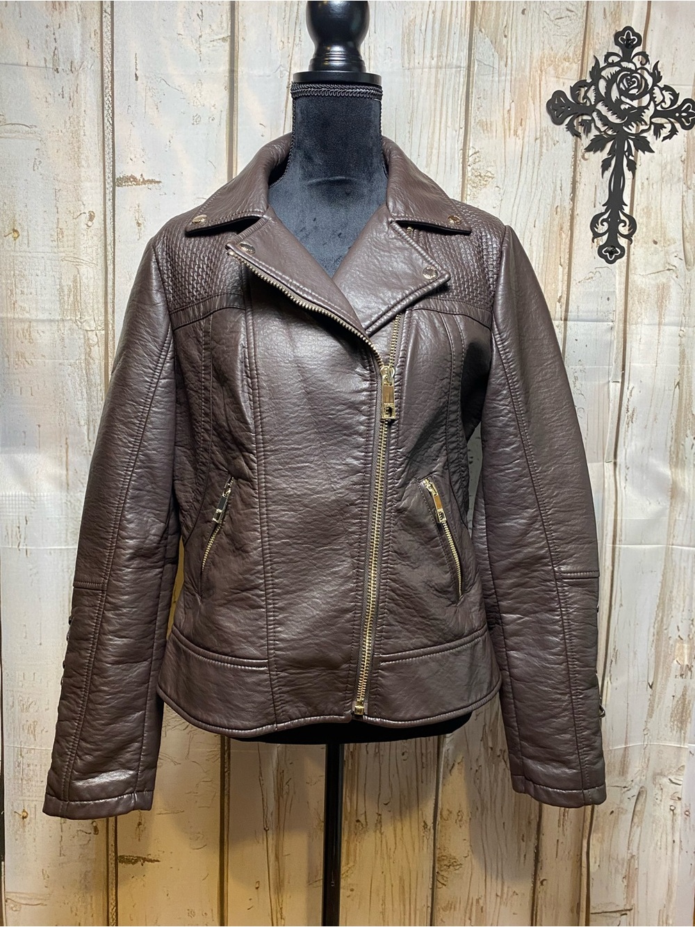 Guess Brown Leather Motorcycle Jacket with Quilted Shoulders Sz-L